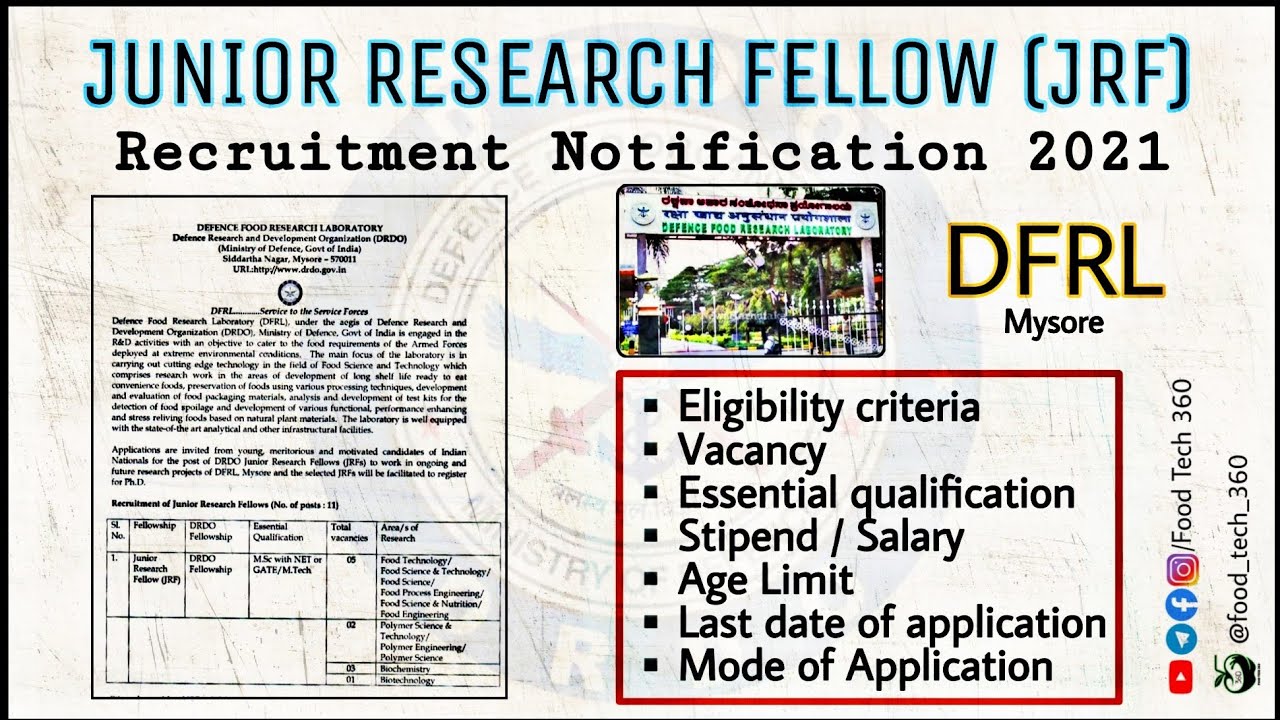 DRDO - JRF Recruitment Notification | Junior Research Fellow recruitment for DFRL | JRF 2021