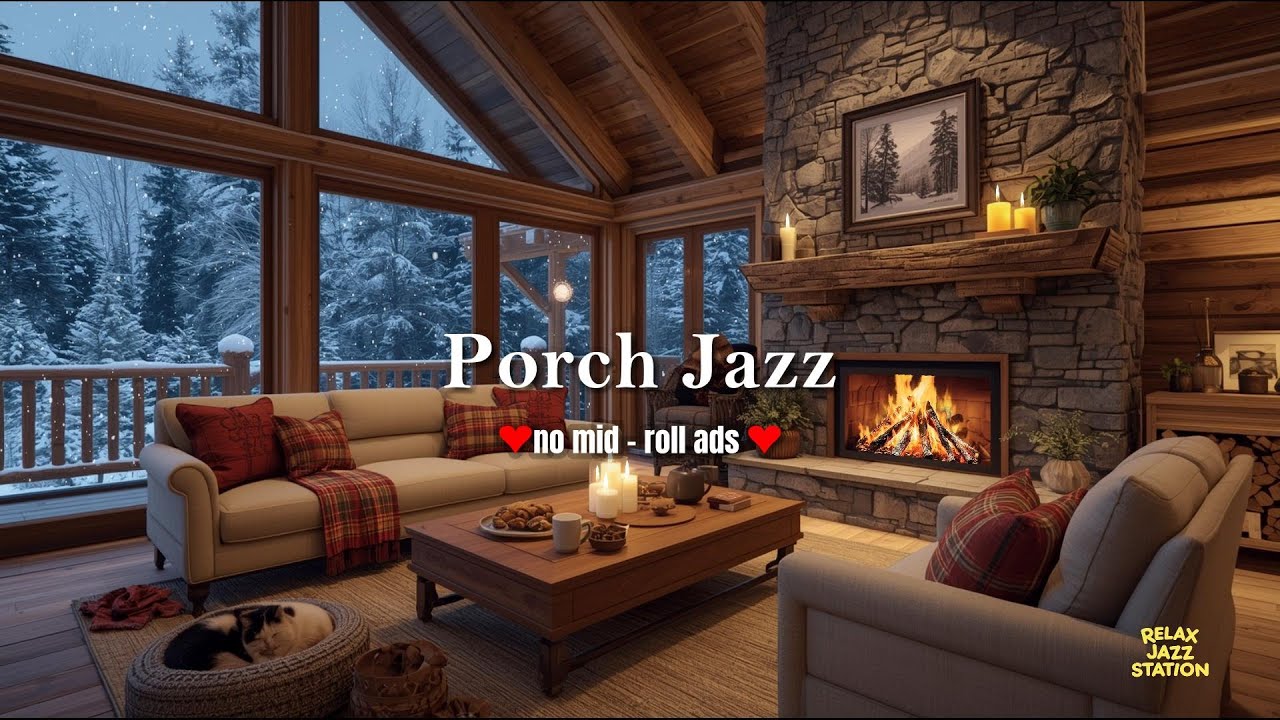 Winter Porch Jazz (NO MID-ROLL ADS) – Cozy Fireplace Ambience for Relaxation & Focus