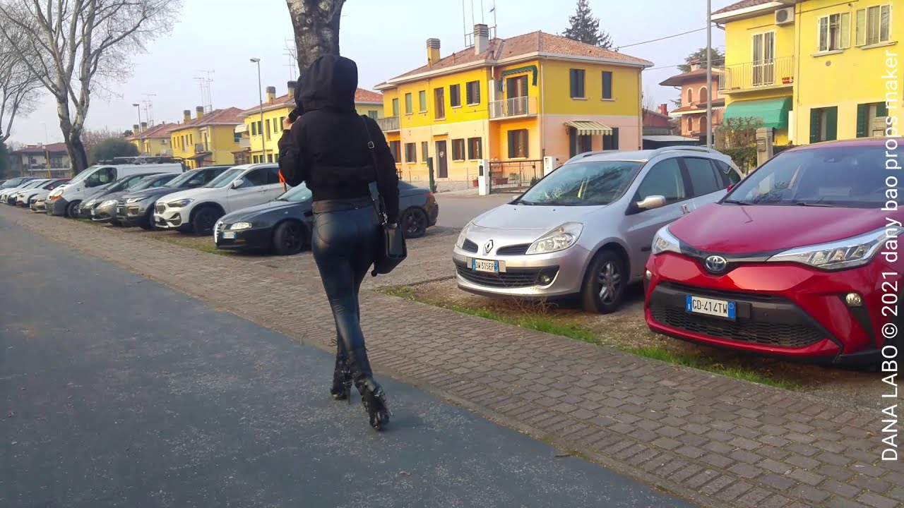 DANA LABO - MY BLONDE WIFE IN SPRING CLOTHING, LEATHER NEW ROCK  BOOTS, RUBERIZED TIGHT LEGGINGS