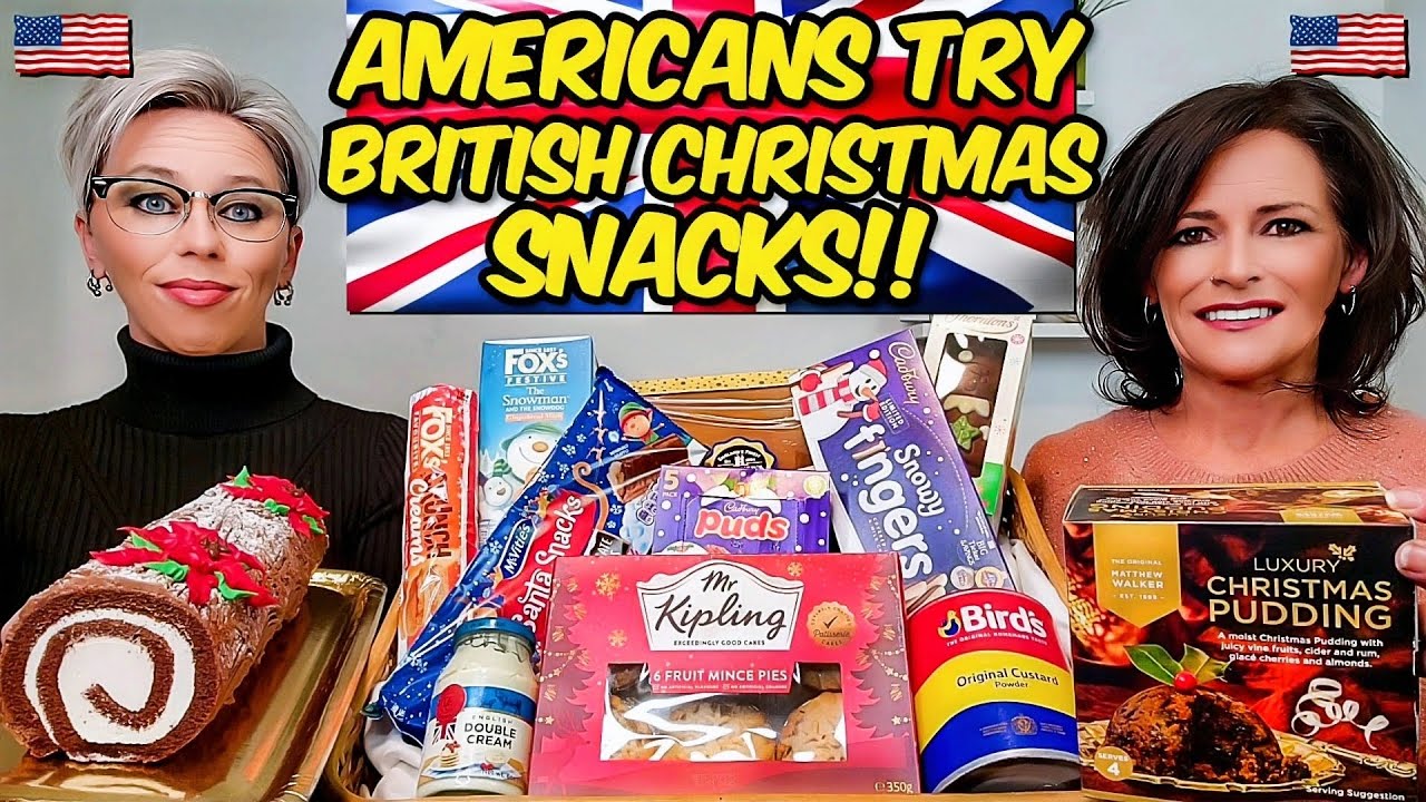 American Couple Reacts/ Tries: British Christmas Snacks! Christmas Pudding, Mince Pies & MORE!