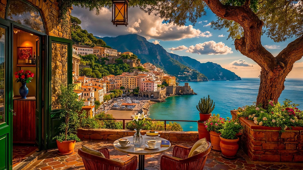 Italy Morning Jazz ☕ Amalfi Coast Cliffside Café Ambience & Smooth Jazz Instrumental for Focus, Work