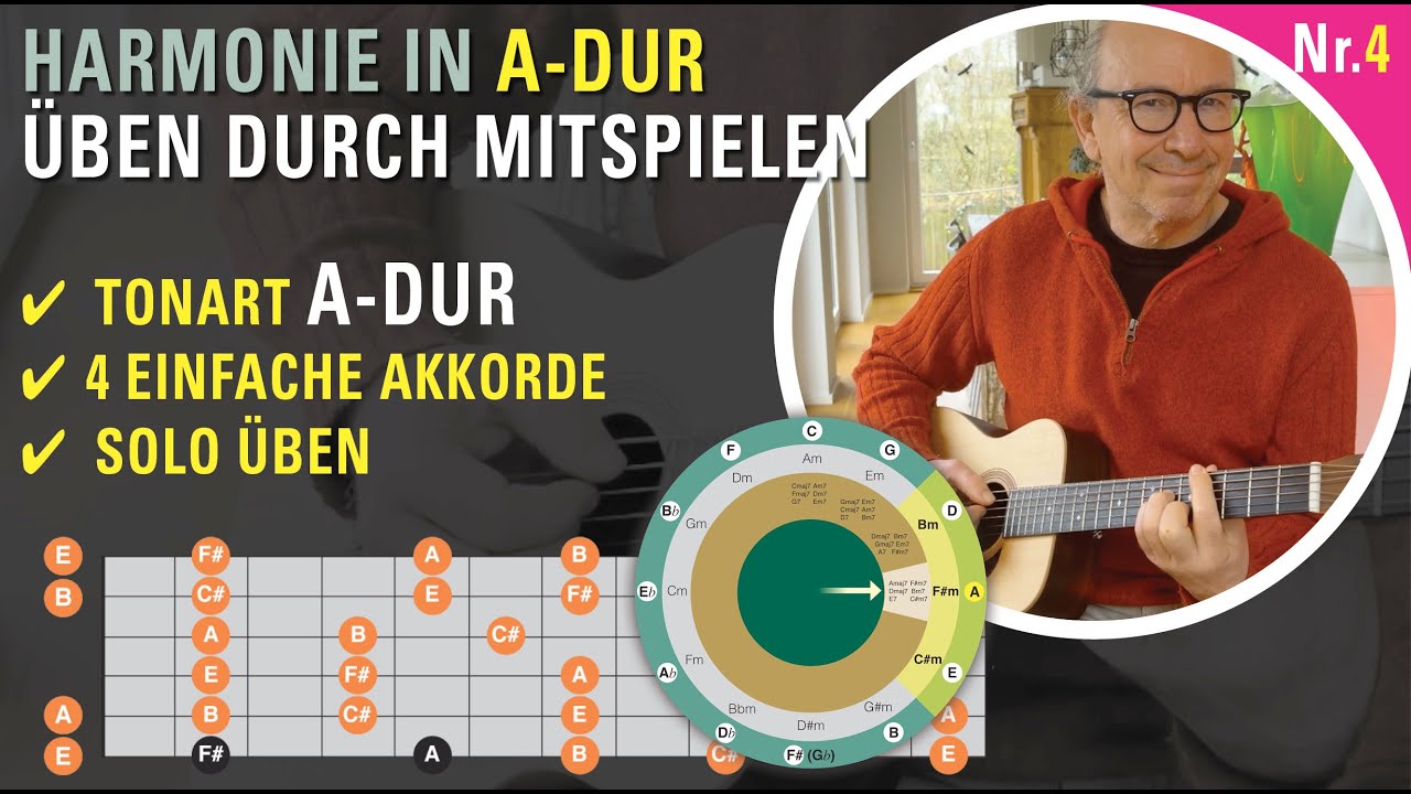 Harmonie in A-Dur - Gitarre online üben & mitspielen 
