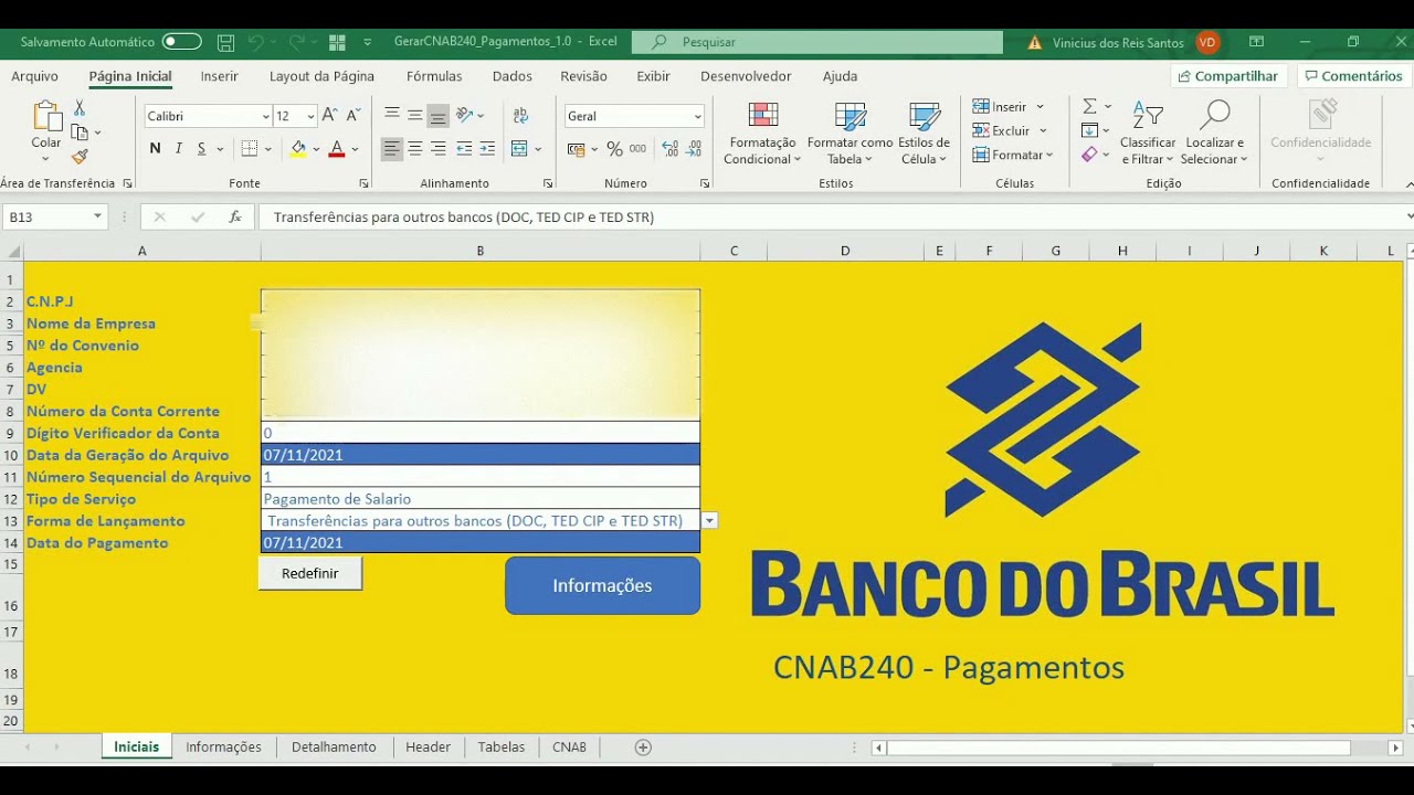 Arquivo CNAB240 Banco do Brasil - Pagamento
