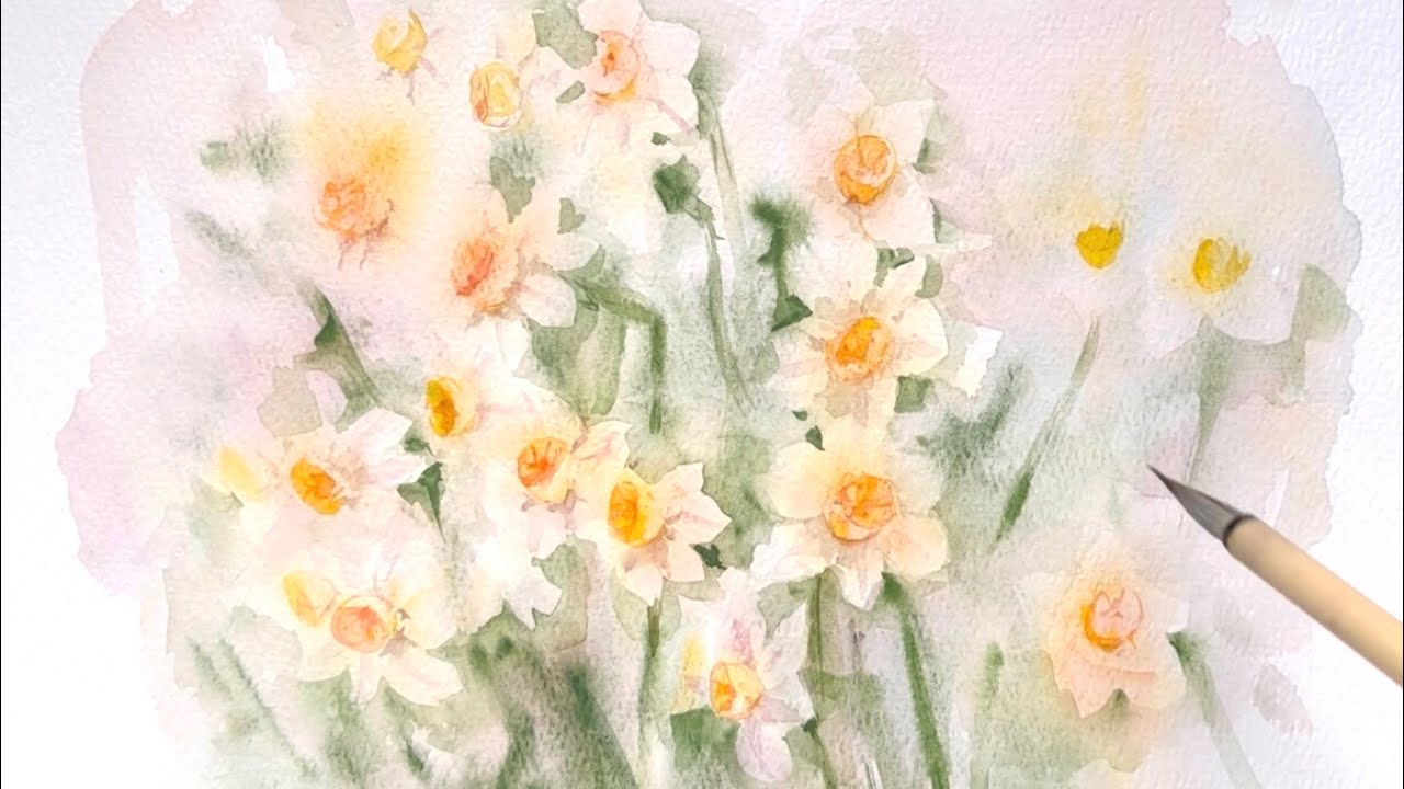 スイセンを描く/透明水彩/watercolor painting of flowers /制作過程