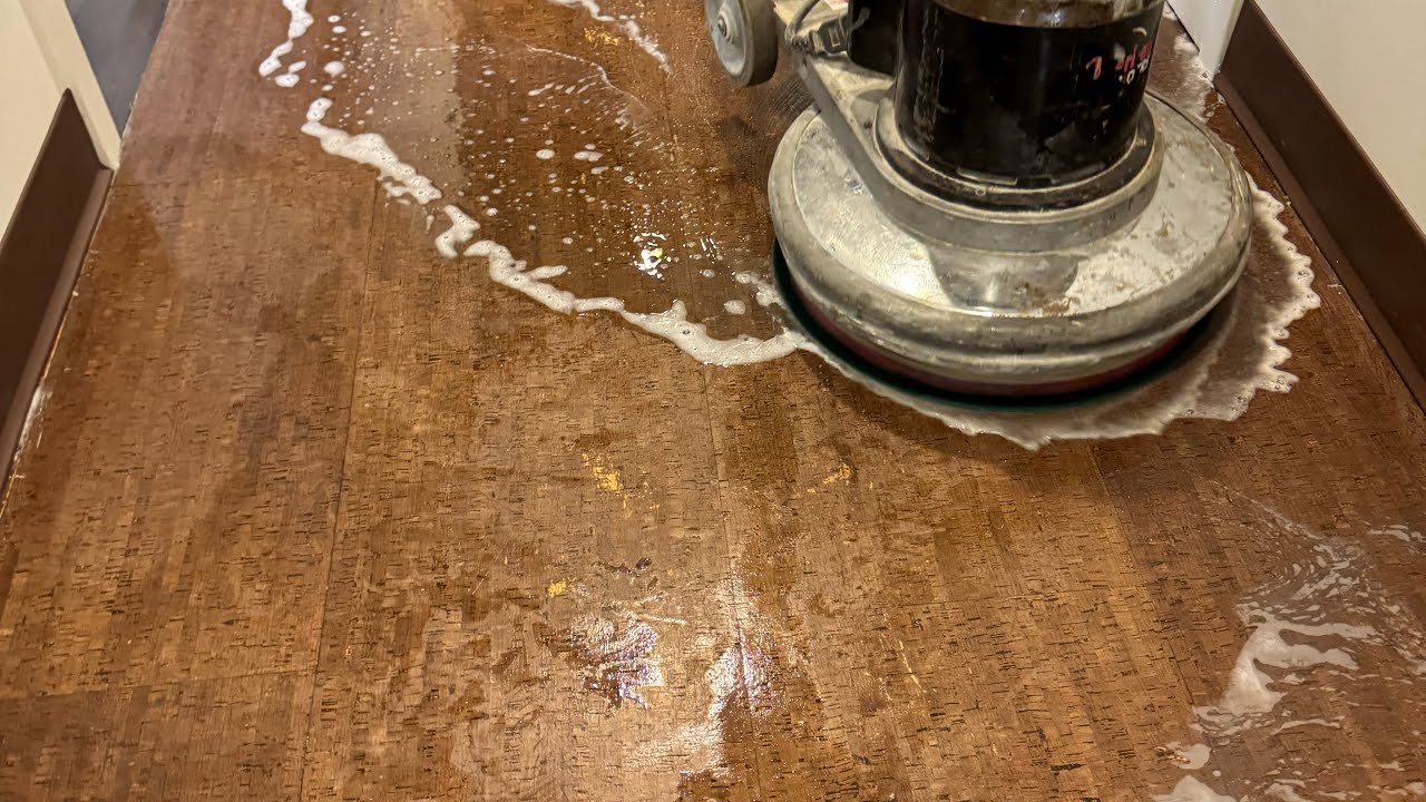 How cork floors are cleaned, buffed, screened, and refinished.