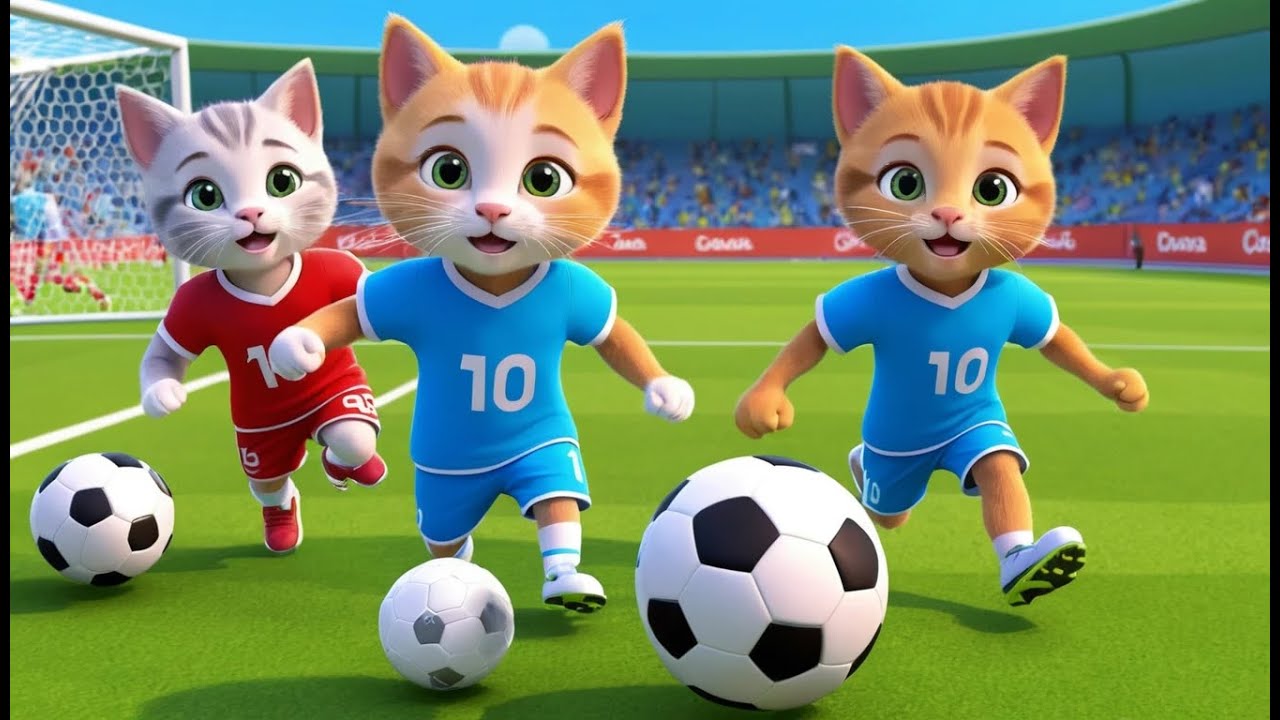 Три забавных котенка играют в футбол
