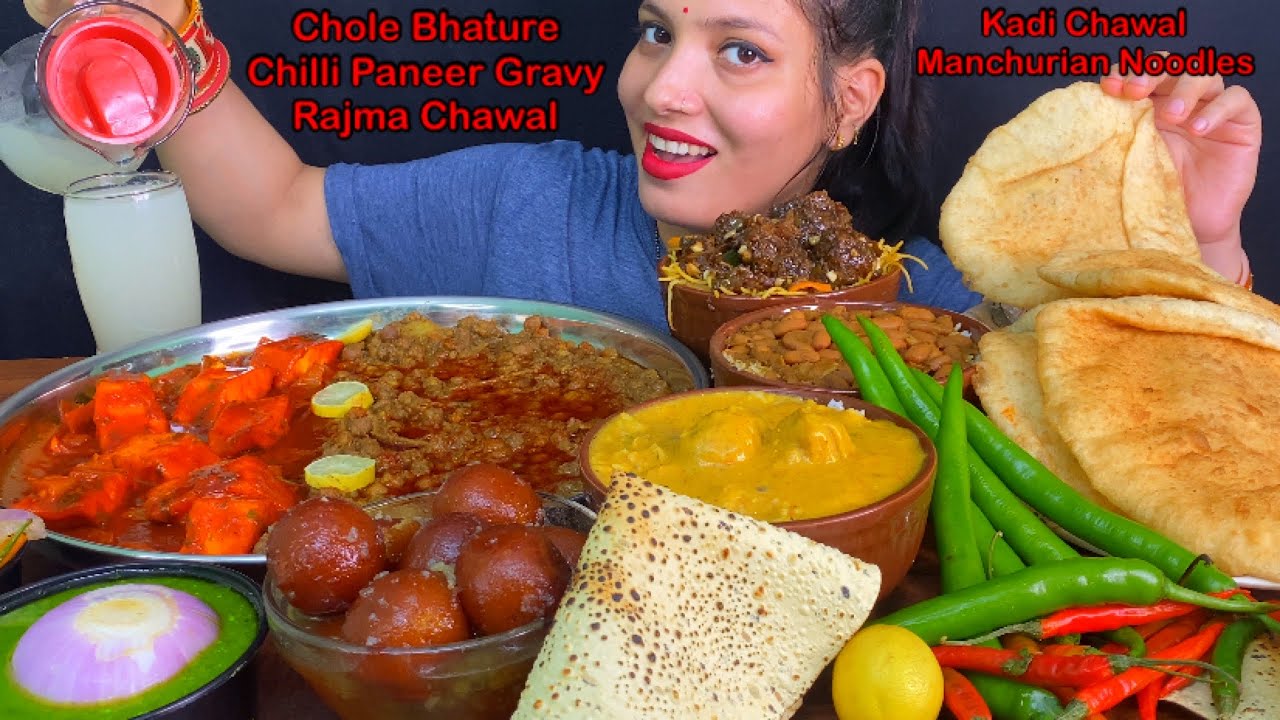 Eating Rajma Chawal, Kadi Pakoda, Chole Bhature, Chilli Paneer Gravy, Manchurian Noodles GulabJamun