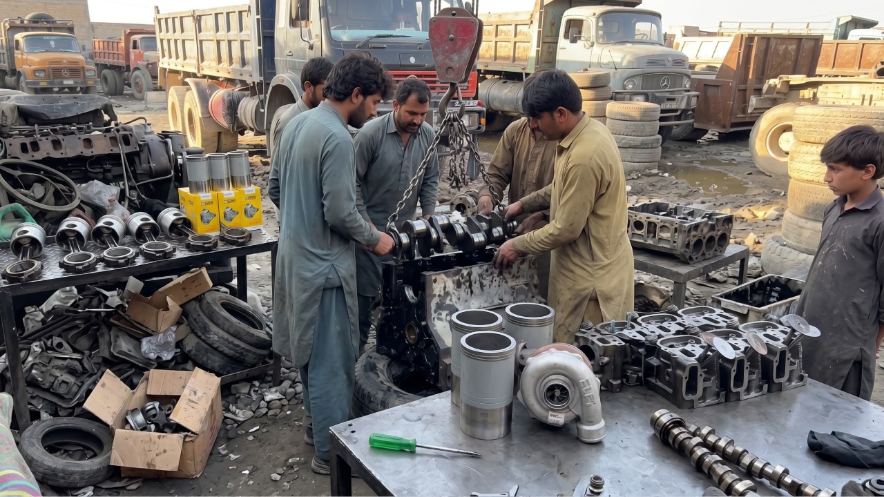 Afghaan Family of Mechanics Demonstrates How to Rebuild V6 Mercedes Engine with basic Tools