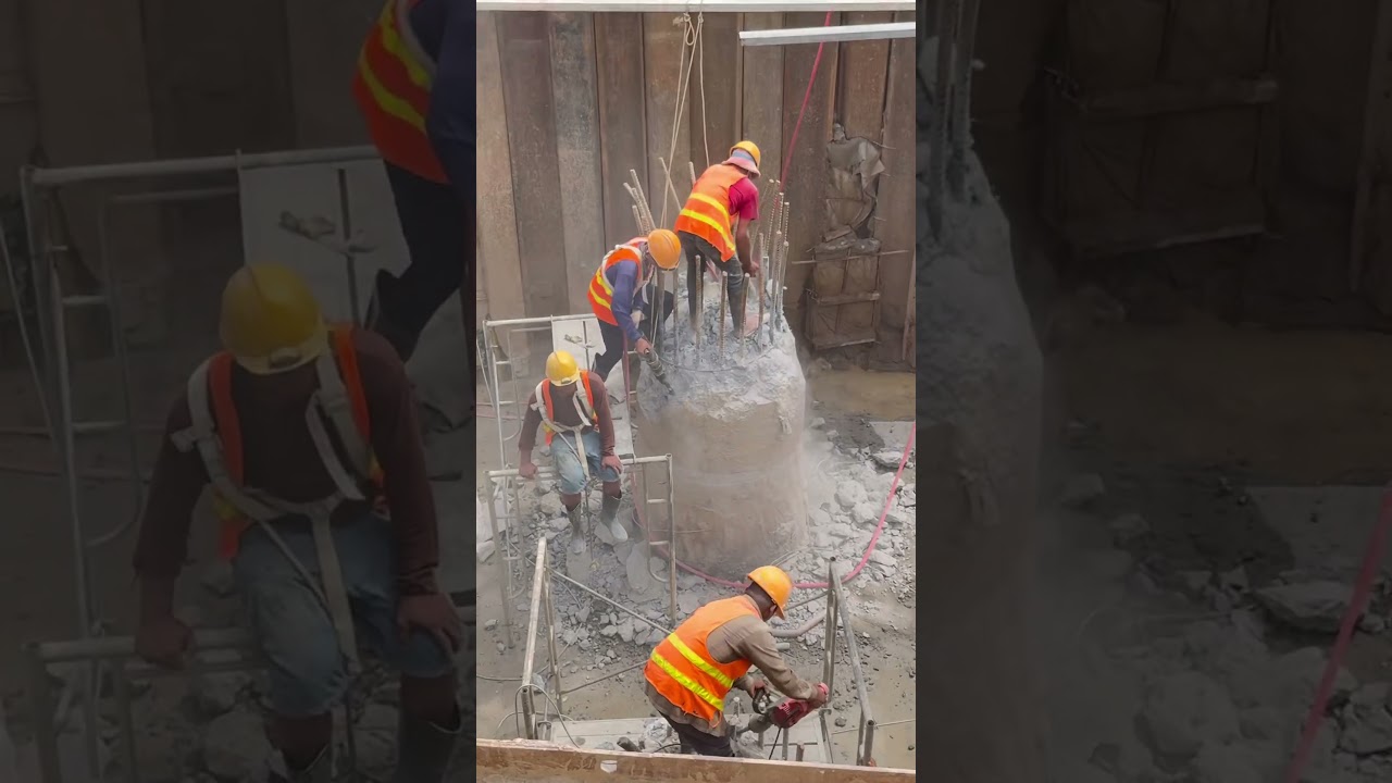Breaking bored pile head for footing work. 