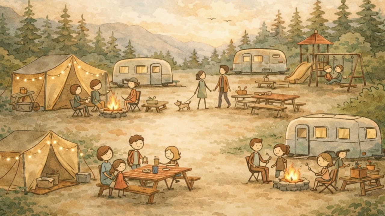 Watercolor Digital Art Camping Scene 🌲 Boho Family Campground with Tents & RV Life | Wandering Lines
