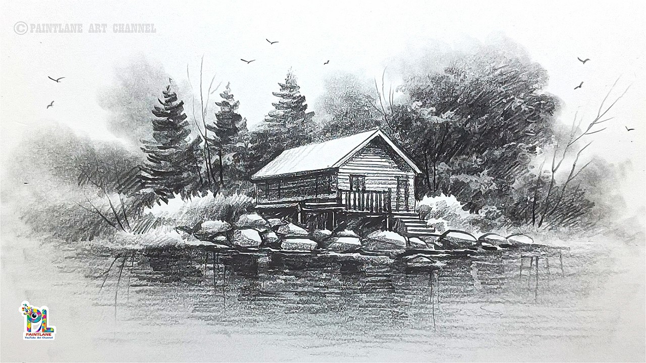 How to Draw a Simple Cottage by the Lake | Pencil Shading Tutorial