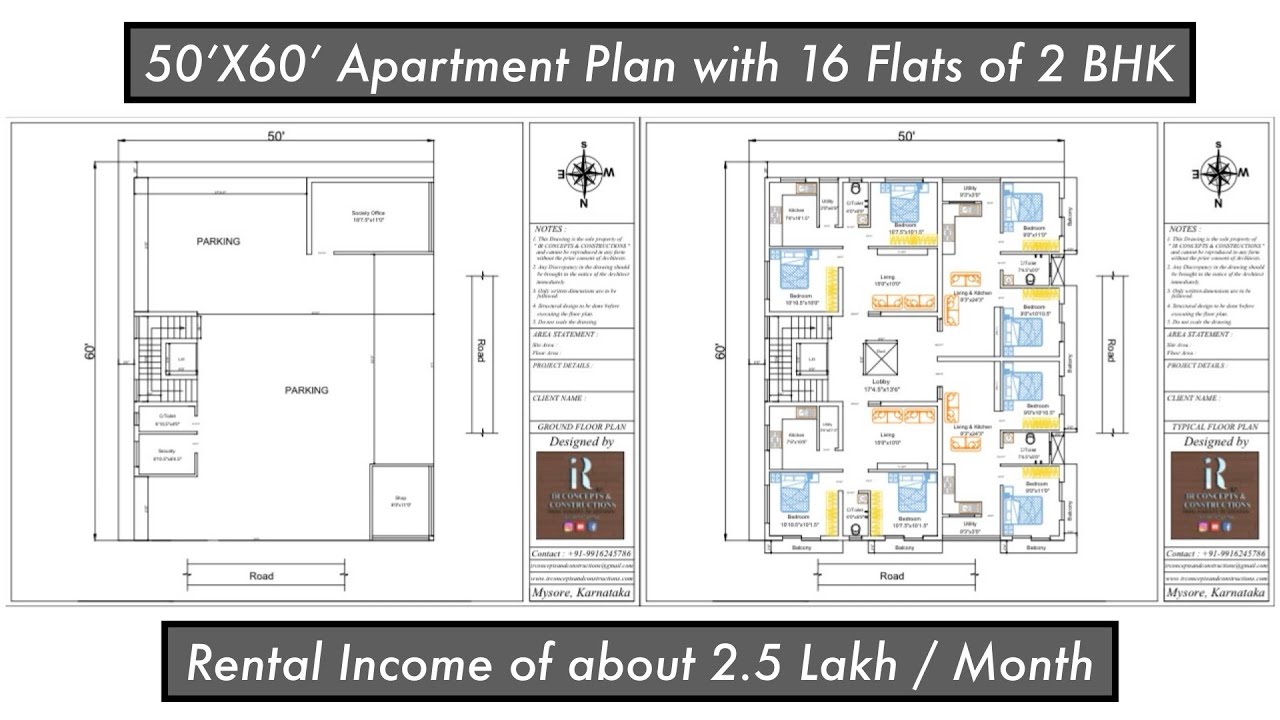 50X60 Feet Apartment Plan with 16 Flats | 3000 Sqft Design