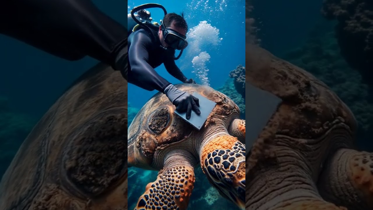 Diver Removes Barnacles from Turtle Shell #seaturtles  #marinecleaning #oceanrescue #barnacleremoval