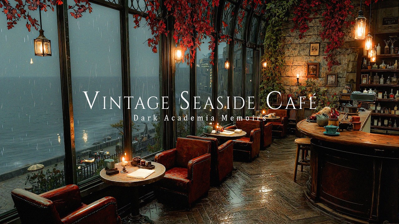 Vintage Seaside Rainy Spring Café 🌧️ Dark Academia Piano Music for Study, Writing & Peaceful Nights