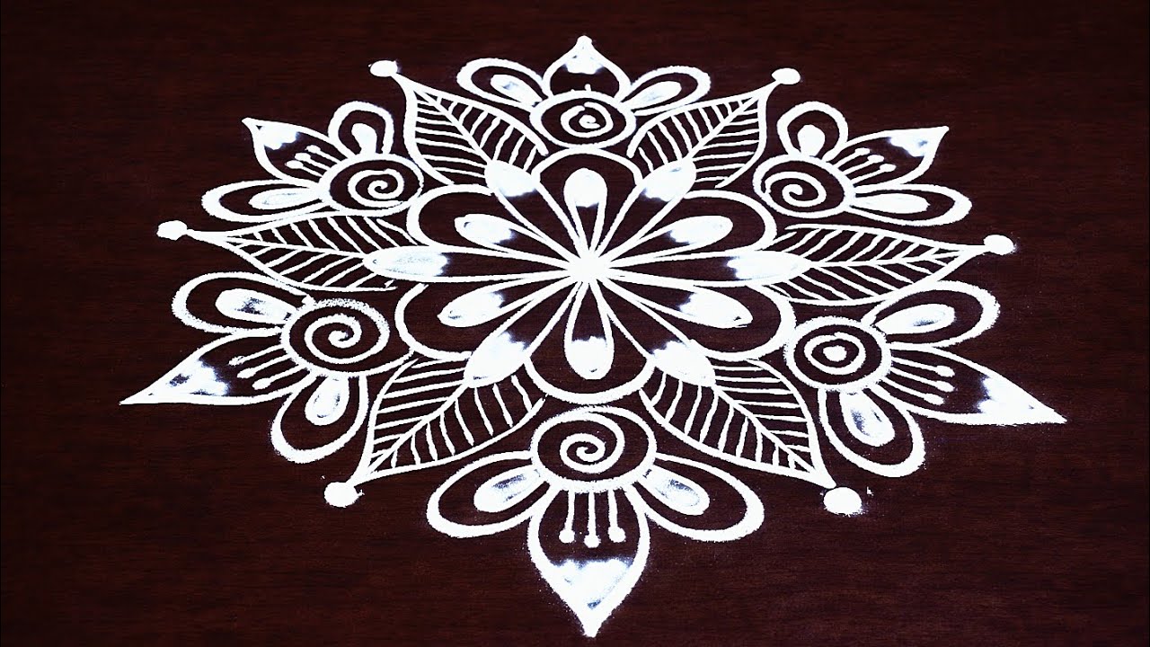5*3 Dots Very Beautiful Leaf with Flower Rangoli 🌿🌸Kolam|Muggulu| @LukyJash_Rangoli_Design