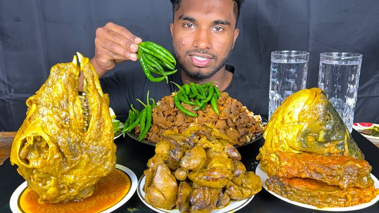 full goat head curry, chicken liver curry, fish head curry and mutton boti with rice eating show