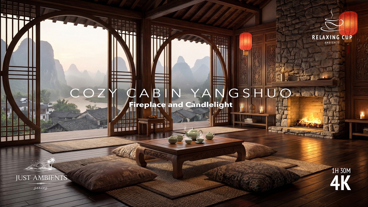 Chinese Tea House Fireplace - Yangshuo Mountains & River Ambience | Relaxing Oriental Chill Music
