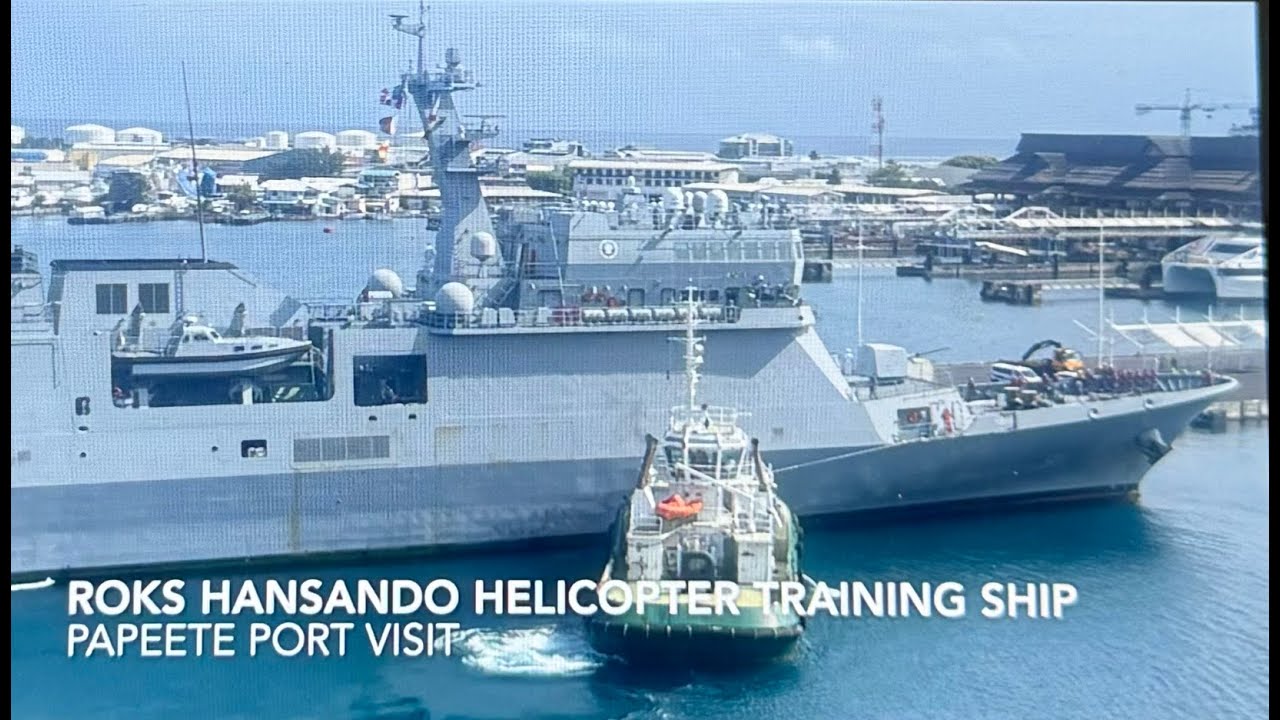 ROKS Hansando helicopter training ship manning the Rail as it arrives in Papeete French Polynesia