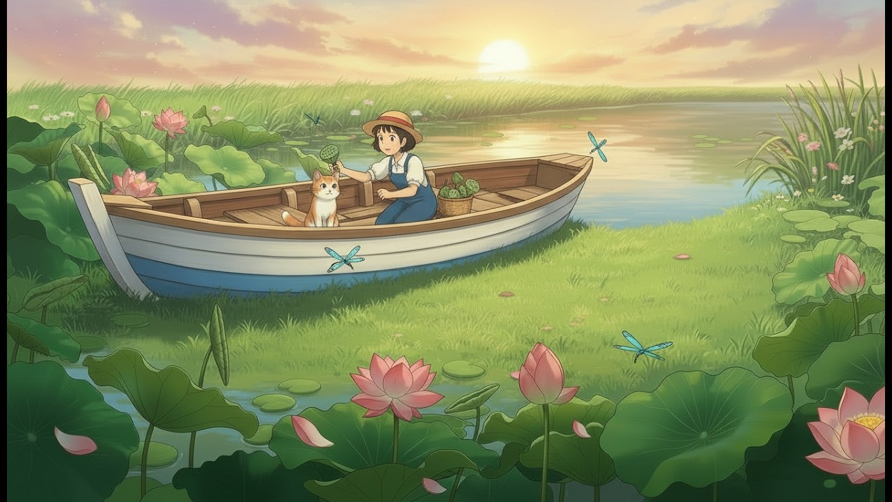 A Girl Restores an Old Boat by the Lotus Pond.🌸🐱🚣‍♀️