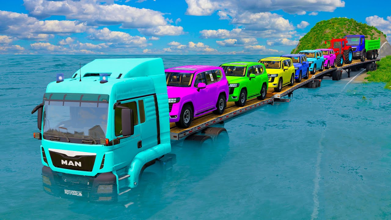 Triple Flatbed Trailer McQueen Transportation with Truck - Speedbumps vs Cars vs Train - BeamNG #41
