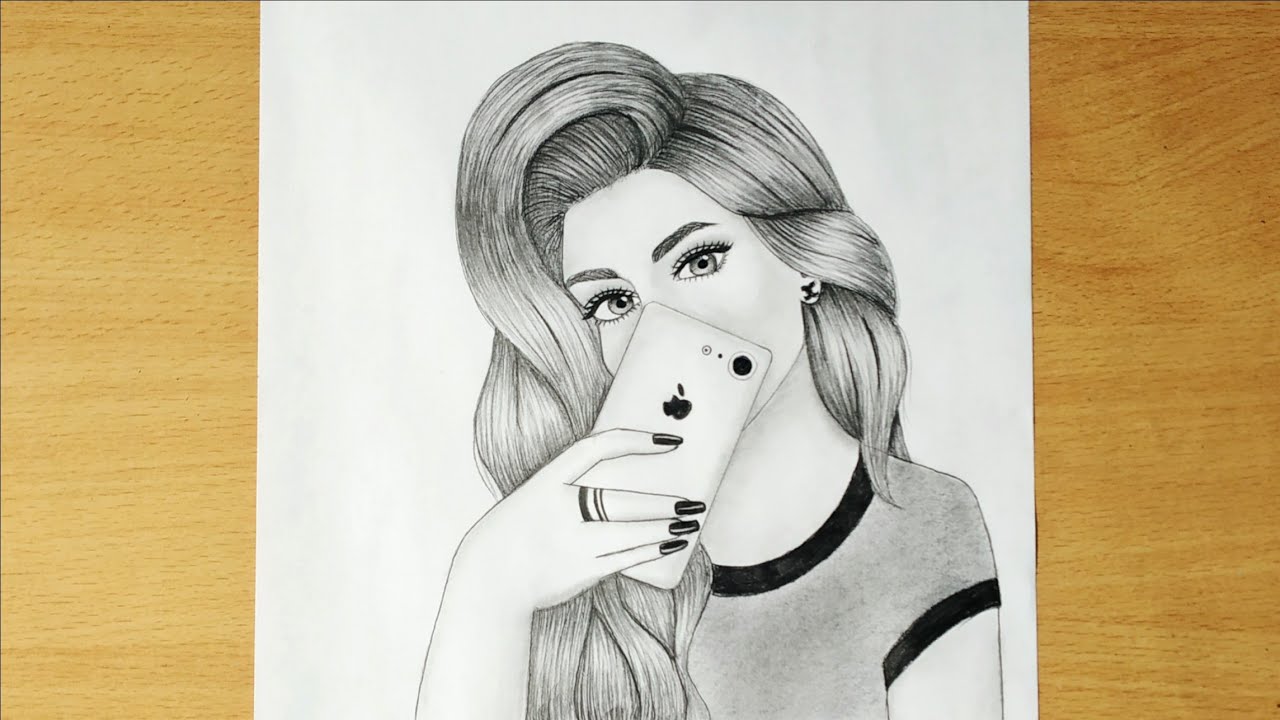 A girl taking selfie - drawing tutorial || step by step || how to draw a girl taking selfie