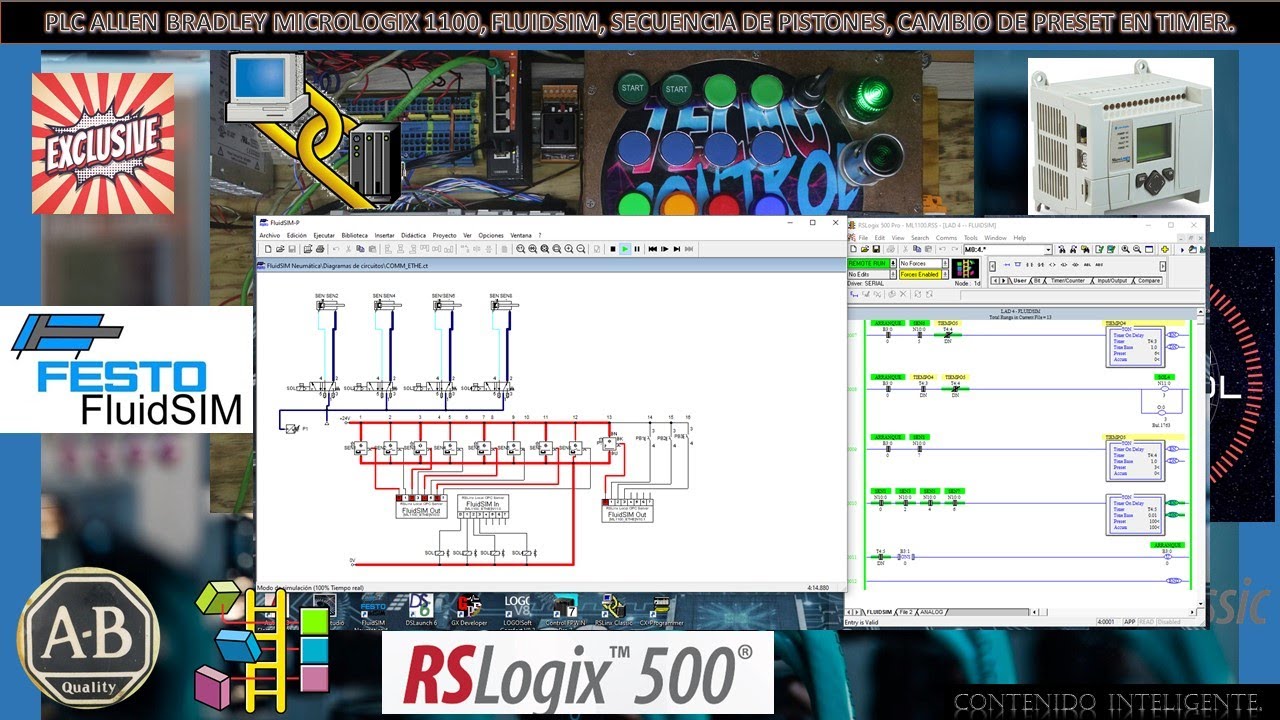 07-PLC ALLEN BRADLEY MICROLOGIX 1100, FLUIDSIM, SECUENCIA DE PISTONES, CAMBIO DE PRESET EN TIMER.