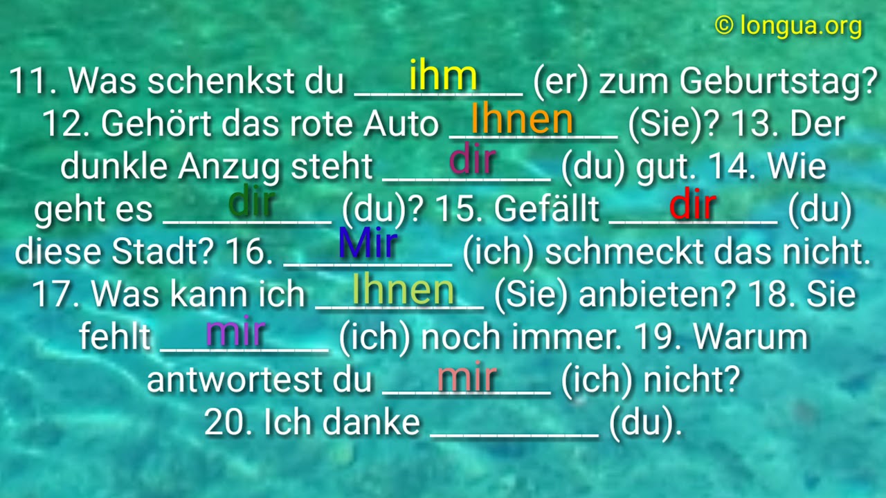 A1, A2, B1, B2, C1, Übungen, Pronomen, Präpositionen, Akkusativ, Dativ, mich, mir, dich, dir, ihm,
