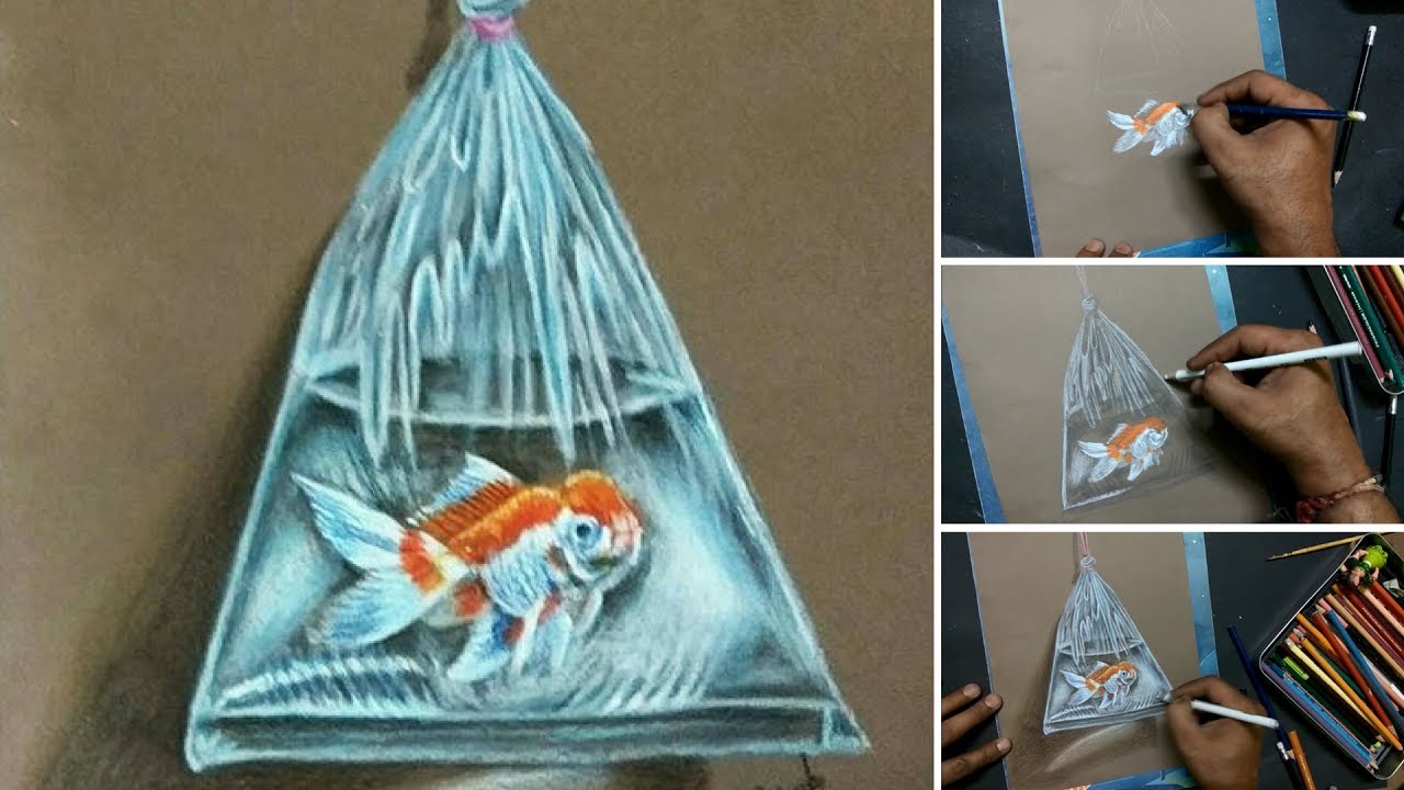 Amazing Realistic Drawing of Fish in Plastic Bag | 3D Art 4 You | Pencil colour drawing tutorial
