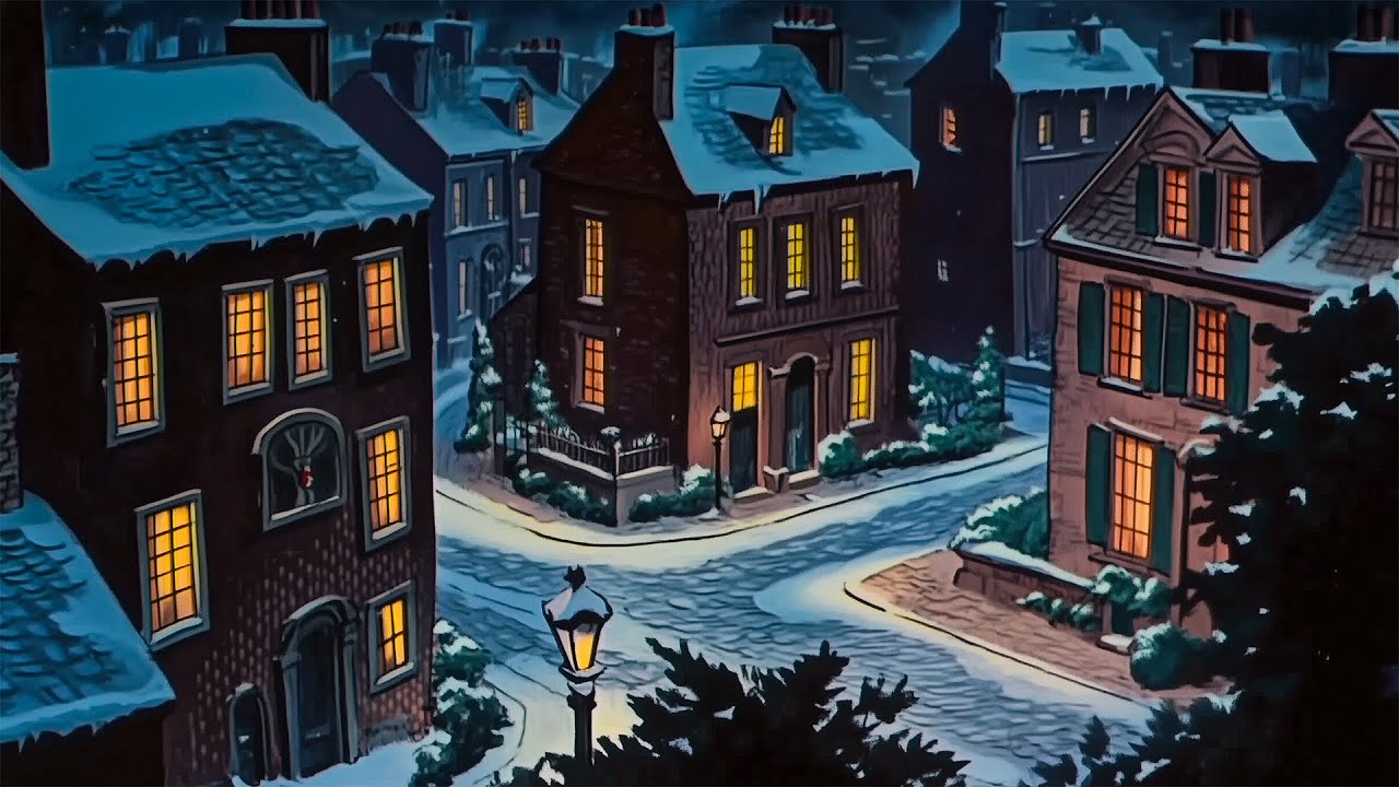 snowy night with vintage oldies playing in another room (crackling fireplace & blizzard)