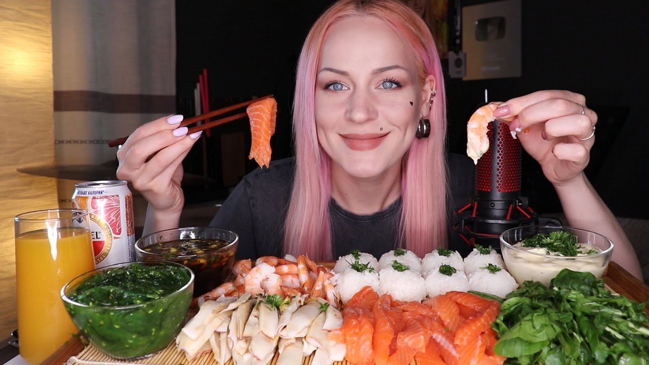 MUKBANG | Форель, креветки, кальмары, рис | salmon, shrimp, squid, rice не ASMR