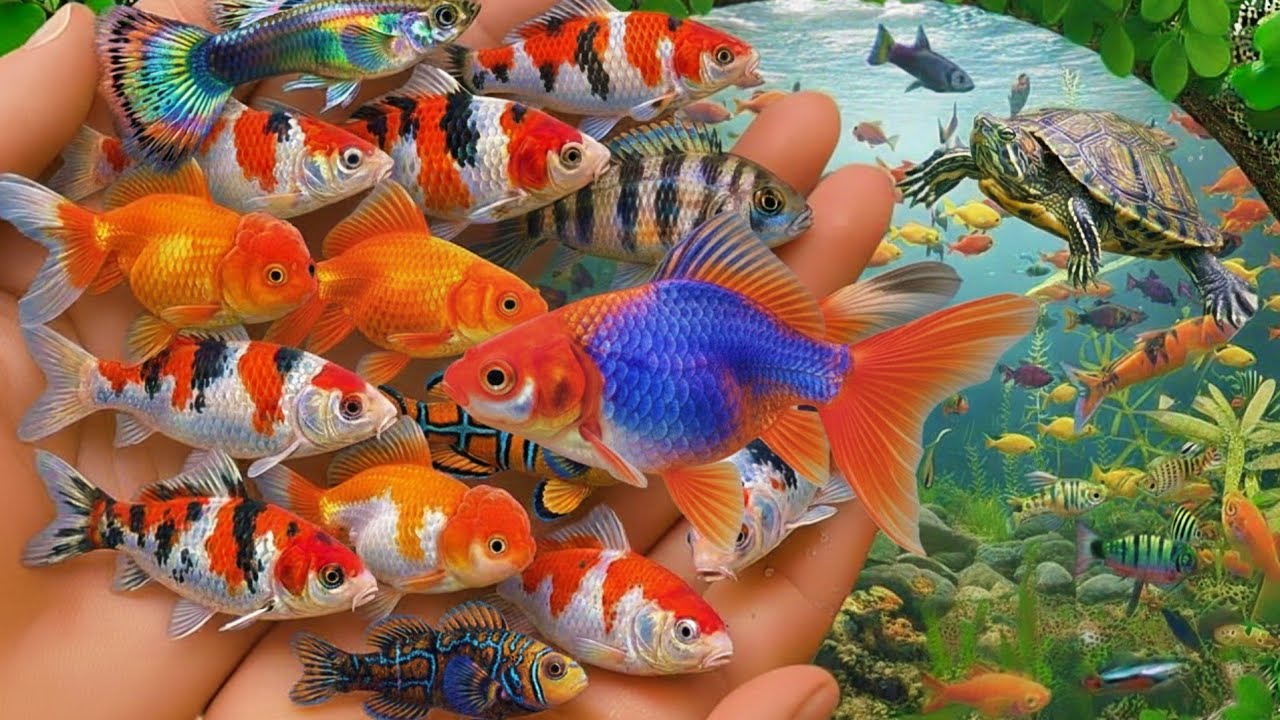 Catch beautiful aquarium fish in small pond baby turtle, eel, koi, pencil fish, cute fish, guppies