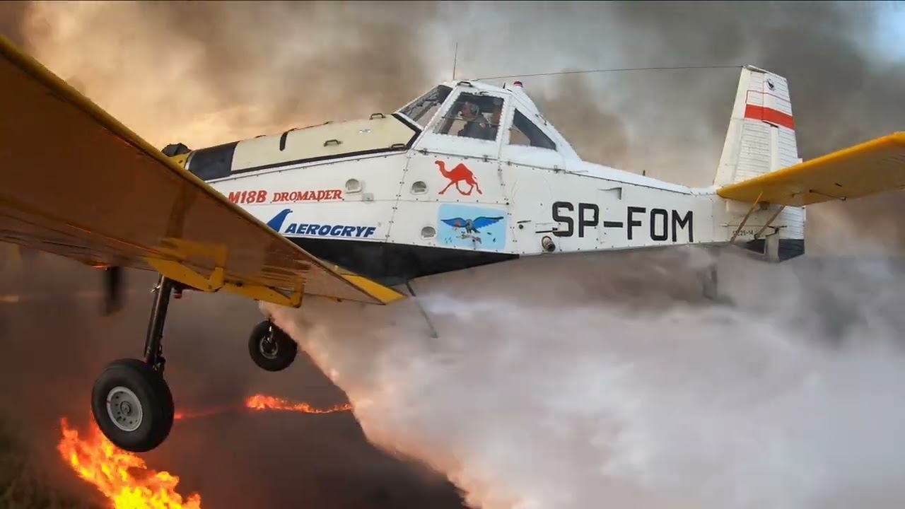 Pożar trzcinowisk na Międzyodrzu. Akcja gaśnicza samolotów PZL M-18 B Dromader. Szczecin Dąbie EPSD