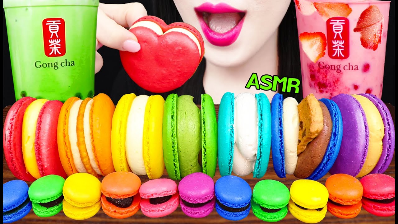 ASMR STRAWBERRY BUBBLE TEA, GREEN TEA MILK TEA, RAINBOW MACARON 딸기 버블티, 녹차 밀크티, 레인보우 마카롱 먹방 MUKBANG