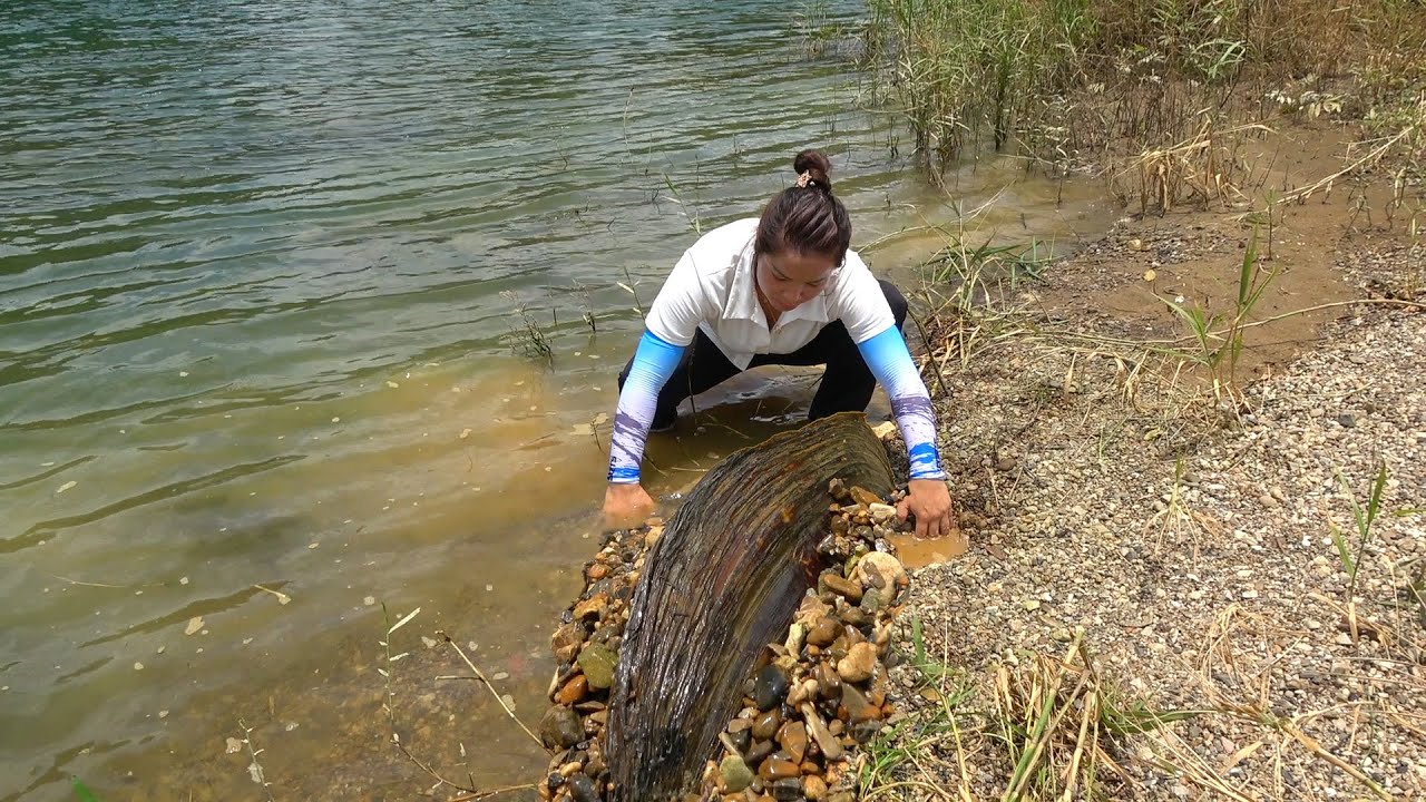 A girl was searching for a treasure and found a huge clam with beautiful gemstones and pearls inside
