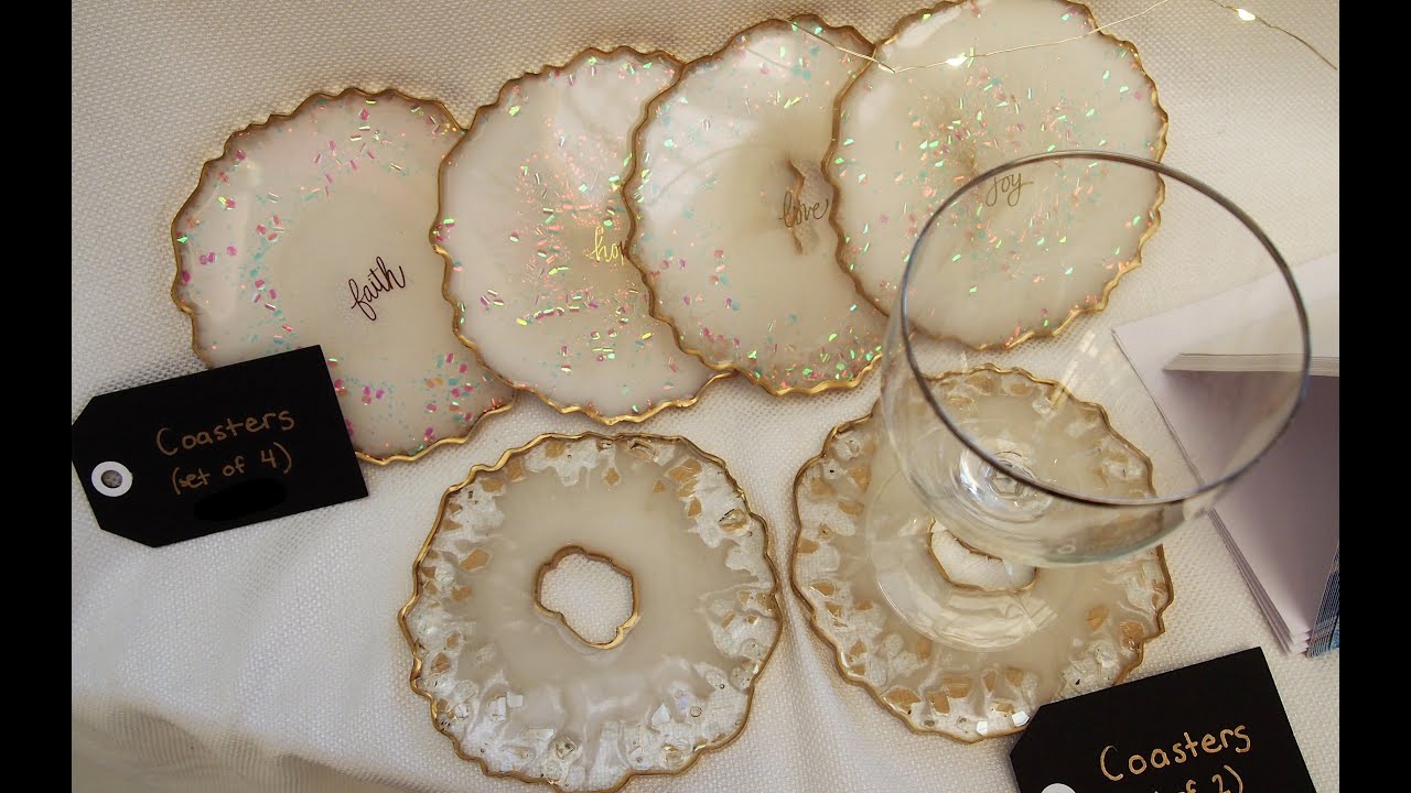 Resin coasters- white and gold, plus wine glass dip