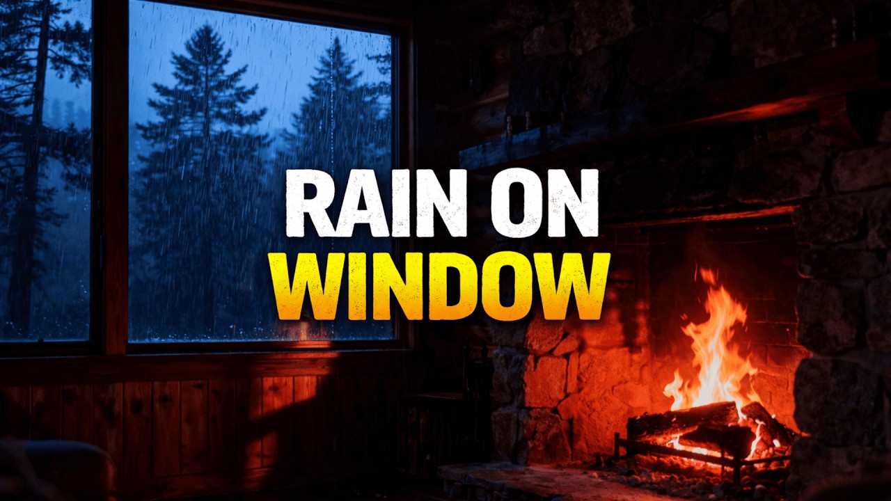Heavy Rain on Window & Crackling Fire 🔥 Cozy Cabin Night Ambience