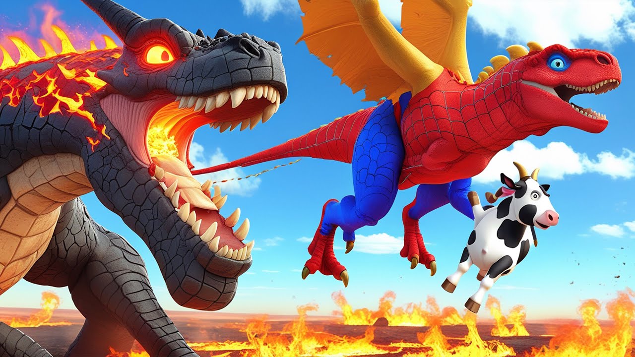 Tyrannosaurus Rex Spider-Man vs Mosasaurus Dinosaur SuperHeroes Battle in Jurassic World Evolution 2