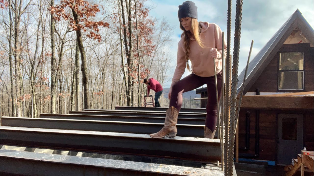 LIFTING STEEL BEAMS ON TOP of Safe Room Walls | A-Frame Cabin Addition