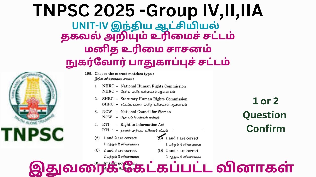 TNPSC 2025 Group4-Unit IV தகவல் அறியும் உரிமைச் சட்டம்,மனித உரிமை சாசனம்- PREVIOUS YEAR QUESTIONS