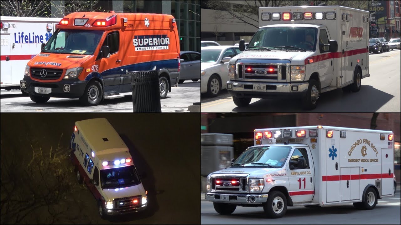 Different Chicago Ambulances responding with horn, siren and lights