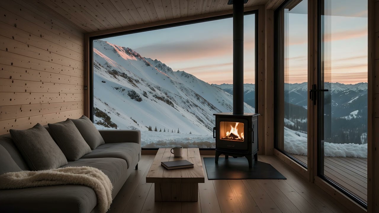 Snowy Mountain Cabin Fireplace 🔥🏔️ | Cozy Winter Sunset Retreat for Relaxation