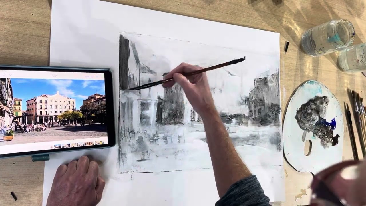Les 11 UITWERKING stadsgezicht impressionistisch acrylverf, glaceren kleur