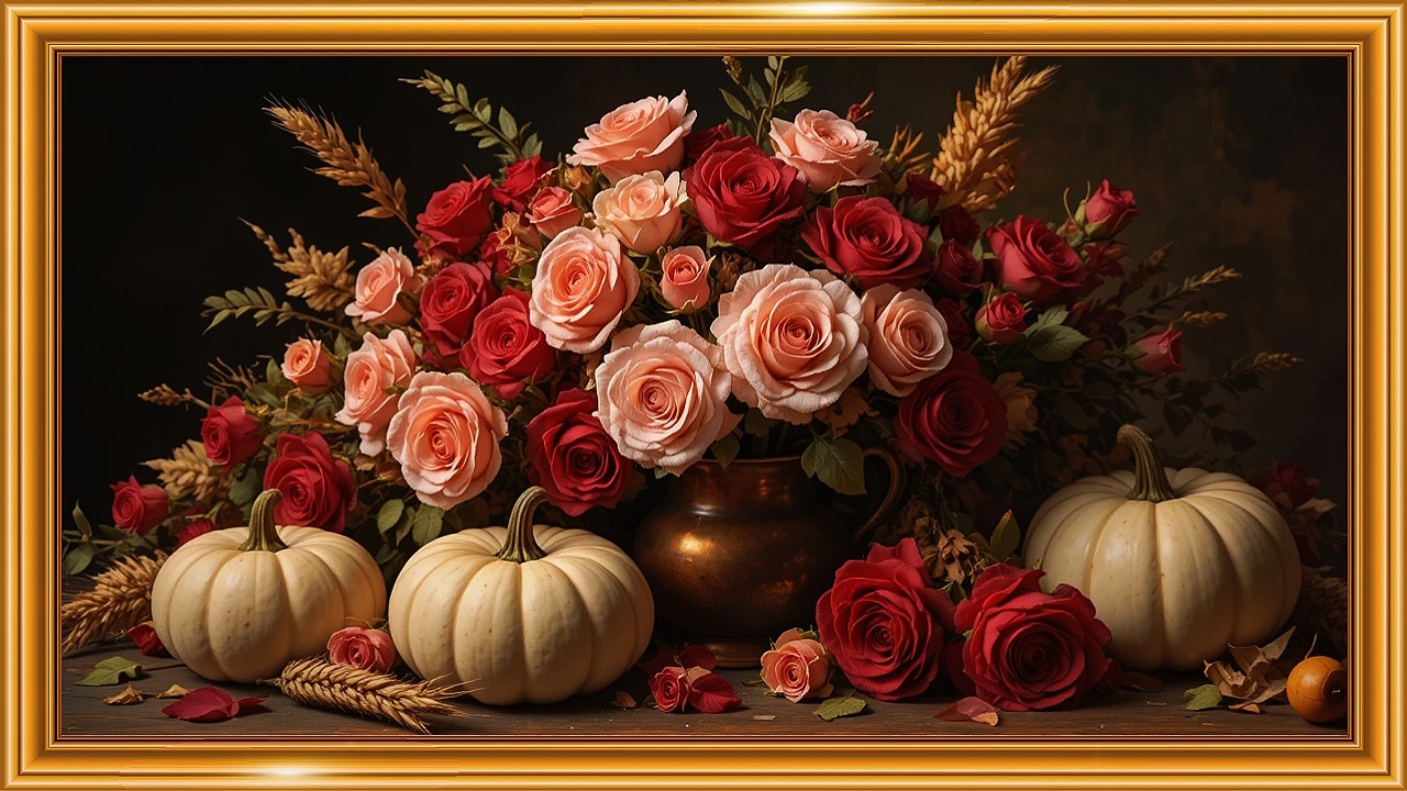 Autumn Harvest Baroque Still Life 🎃 White Pumpkins & Roses | Copper Glow Chiaroscuro 4K