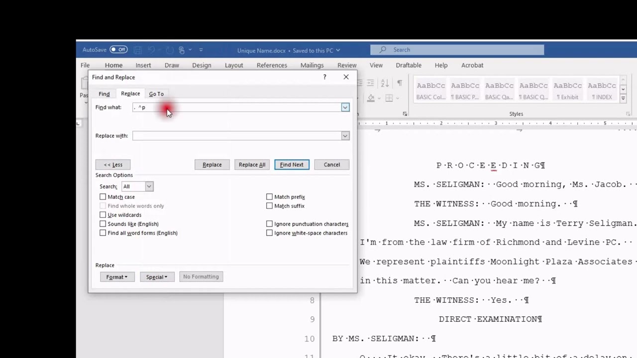 Removing extra spaces MS Word