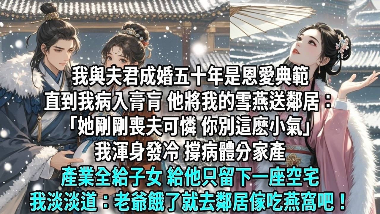 我與夫君成婚五十年，是恩愛典範，直到我病入膏肓，他將我的雪燕送鄰居：「她剛剛喪夫可憐，你別這麽小氣。」我渾身發冷，撐病體分家產，產業全給子女，給他只留下一座空宅，我淡淡道：老爺憐惜鄰居，餓了就去