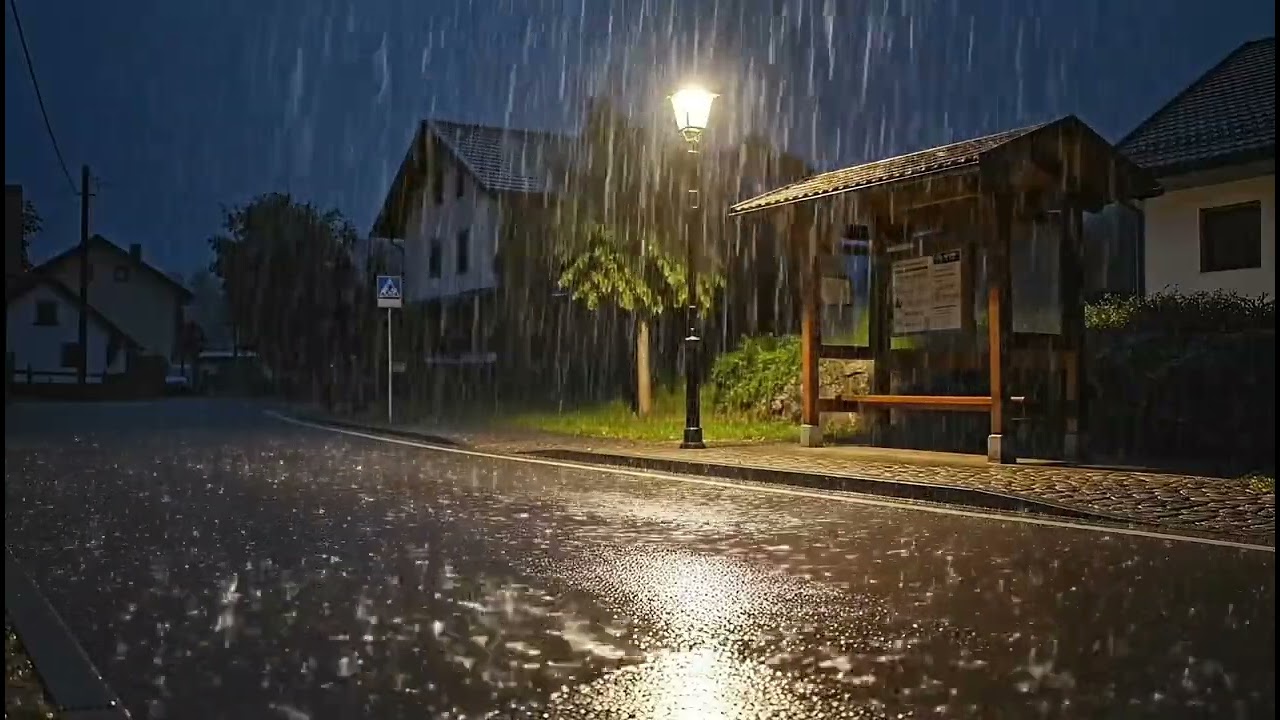 Midnight Rain at an Empty Village Bus Stop 🌧️ Deep Sleep & Calm Ambience