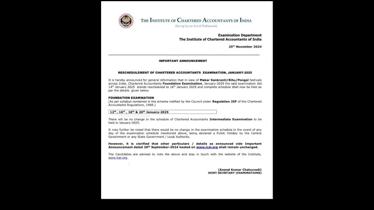 CA Foundation Exam Date Rescheduled Jan 2025