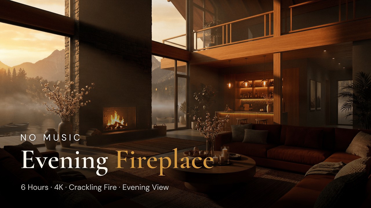 Evening Fireplace No Music 🔥 Cozy Mountain Lakehouse with Evening View | Crackling Fire 6 Hours 4K
