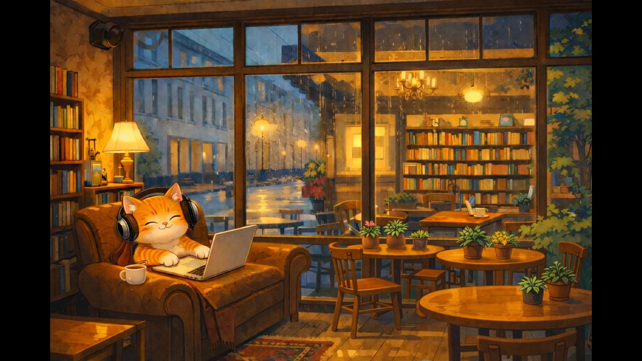 Rainy Night Cafe 🌧️ Cozy Lofi for Study & Relax | Cozy Windowsill Cat🐱