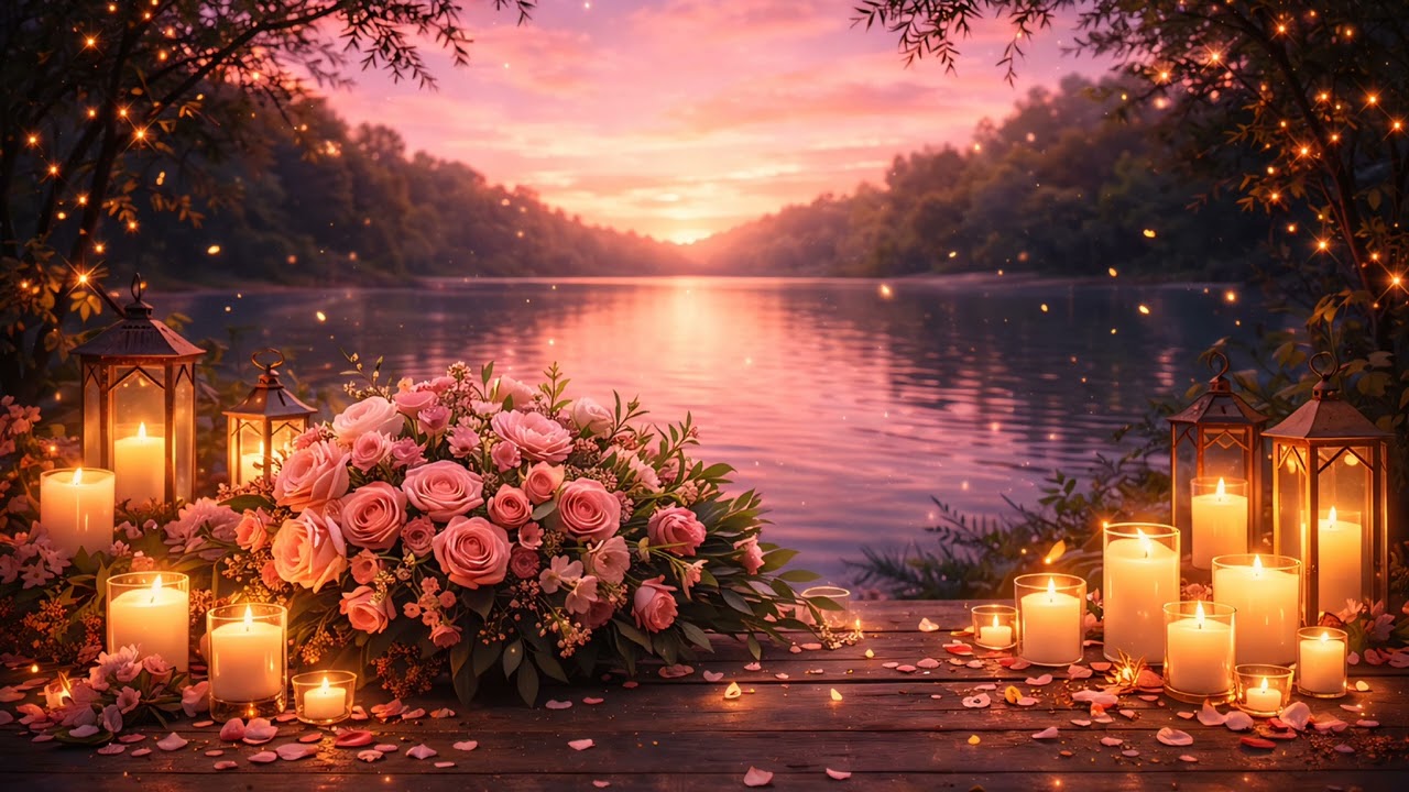 لوحة رومانسية بالشموع والورود عند الغروب | خلفية تلفاز هادئة 4K | Romantic Candle & Rose TV Art